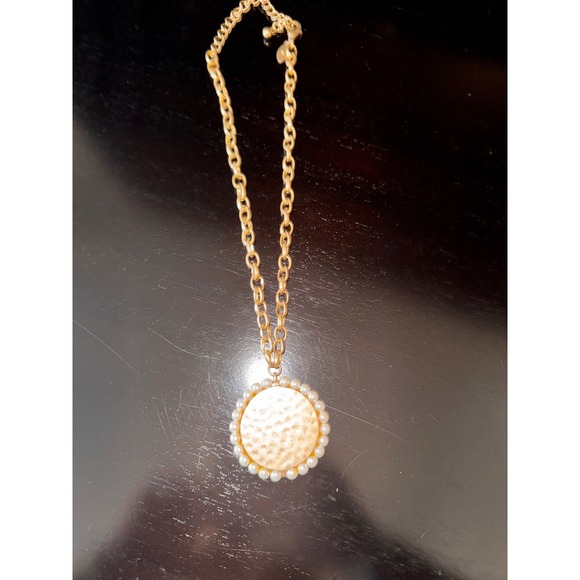 Chico's Gold Chain Necklace with Hammered Round Pendant and Faux Pearls - Picture 3 of 12